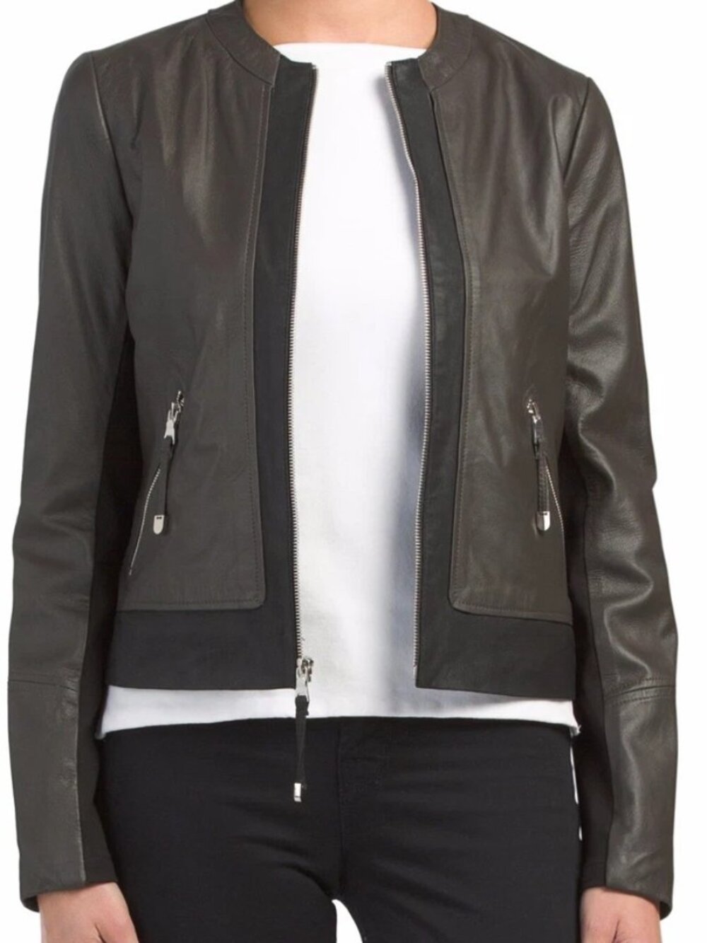 Via Spiga Lamb Leather Moto Bomber Jacket Brown Black womens M